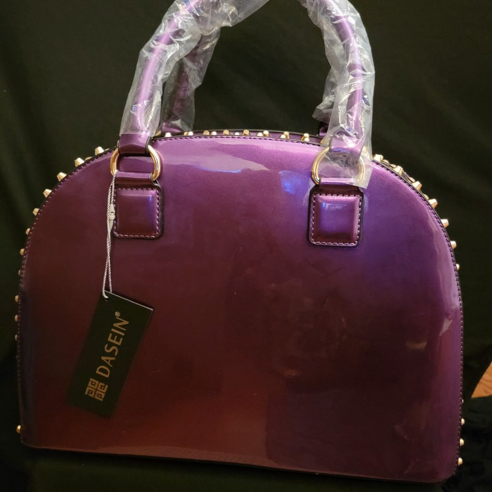 Dasein Purple Patent Leather Dome Satchel Structured Shoulder purse